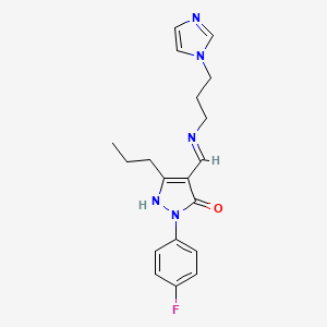 molecular formula C19H22FN5O B4294804 2-(4-fluorophenyl)-4-({[3-(1H-imidazol-1-yl)propyl]amino}methylene)-5-propyl-2,4-dihydro-3H-pyrazol-3-one 