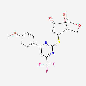 molecular formula C18H15F3N2O4S B4294880 2-{[4-(4-methoxyphenyl)-6-(trifluoromethyl)pyrimidin-2-yl]thio}-6,8-dioxabicyclo[3.2.1]octan-4-one 