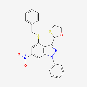 molecular formula C23H19N3O3S2 B4295346 4-(benzylthio)-6-nitro-3-(1,3-oxathiolan-2-yl)-1-phenyl-1H-indazole 