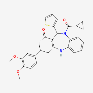 molecular formula C29H28N2O4S B4295453 10-(cyclopropylcarbonyl)-3-(3,4-dimethoxyphenyl)-11-(2-thienyl)-2,3,4,5,10,11-hexahydro-1H-dibenzo[b,e][1,4]diazepin-1-one 