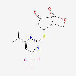 molecular formula C14H15F3N2O3S B4295616 2-{[4-isopropyl-6-(trifluoromethyl)pyrimidin-2-yl]thio}-6,8-dioxabicyclo[3.2.1]octan-4-one 