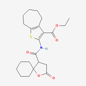 molecular formula C22H29NO5S B4295792 ethyl 2-{[(2-oxo-1-oxaspiro[4.5]dec-4-yl)carbonyl]amino}-5,6,7,8-tetrahydro-4H-cyclohepta[b]thiophene-3-carboxylate 