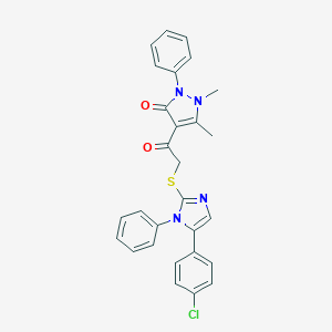 molecular formula C28H23ClN4O2S B429589 4-({[5-(4-chlorophenyl)-1-phenyl-1H-imidazol-2-yl]sulfanyl}acetyl)-1,5-dimethyl-2-phenyl-1,2-dihydro-3H-pyrazol-3-one 