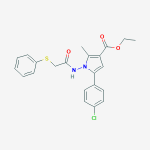 molecular formula C22H21ClN2O3S B429596 ethyl 5-(4-chlorophenyl)-2-methyl-1-{[(phenylsulfanyl)acetyl]amino}-1H-pyrrole-3-carboxylate 
