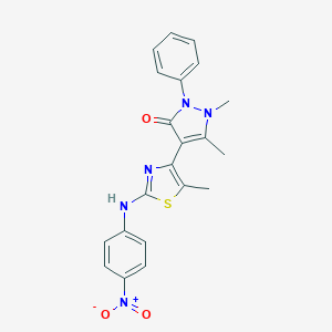 molecular formula C21H19N5O3S B429602 4-(2-{4-nitroanilino}-5-methyl-1,3-thiazol-4-yl)-1,5-dimethyl-2-phenyl-1,2-dihydro-3H-pyrazol-3-one 
