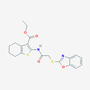 molecular formula C20H20N2O4S2 B429651 Ethyl 2-{[(1,3-benzoxazol-2-ylsulfanyl)acetyl]amino}-4,5,6,7-tetrahydro-1-benzothiophene-3-carboxylate 