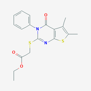 molecular formula C18H18N2O3S2 B429652 Ethyl [(5,6-dimethyl-4-oxo-3-phenyl-3,4-dihydrothieno[2,3-d]pyrimidin-2-yl)sulfanyl]acetate 