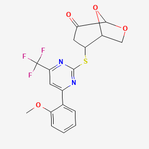 molecular formula C18H15F3N2O4S B4296563 2-{[4-(2-methoxyphenyl)-6-(trifluoromethyl)pyrimidin-2-yl]thio}-6,8-dioxabicyclo[3.2.1]octan-4-one 