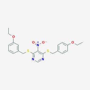 molecular formula C22H23N3O4S2 B429660 4-[(3-Ethoxybenzyl)sulfanyl]-6-[(4-ethoxybenzyl)sulfanyl]-5-nitropyrimidine 