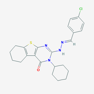 molecular formula C23H25ClN4OS B429679 2-[(2E)-2-(4-chlorobenzylidene)hydrazinyl]-3-cyclohexyl-5,6,7,8-tetrahydro[1]benzothieno[2,3-d]pyrimidin-4(3H)-one CAS No. 351341-63-4