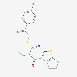 molecular formula C19H17BrN2O2S2 B429689 2-{[2-(4-bromophenyl)-2-oxoethyl]sulfanyl}-3-ethyl-3,5,6,7-tetrahydro-4H-cyclopenta[4,5]thieno[2,3-d]pyrimidin-4-one CAS No. 351441-21-9