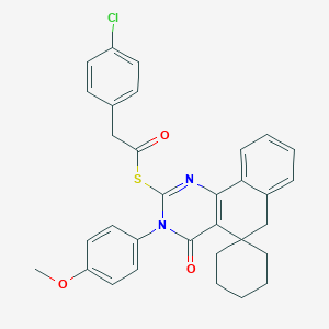 molecular formula C32H29ClN2O3S B429696 S-[3-(4-methoxyphenyl)-4-oxo-3,4,5,6-tetrahydrospiro(benzo[h]quinazoline-5,1'-cyclohexane)-2-yl] (4-chlorophenyl)ethanethioate 