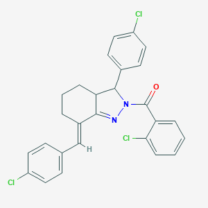 molecular formula C27H21Cl3N2O B429737 2-(2-chlorobenzoyl)-7-(4-chlorobenzylidene)-3-(4-chlorophenyl)-3,3a,4,5,6,7-hexahydro-2H-indazole 