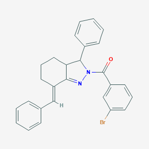 molecular formula C27H23BrN2O B429742 7-benzylidene-2-(3-bromobenzoyl)-3-phenyl-3,3a,4,5,6,7-hexahydro-2H-indazole 