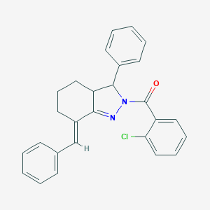 molecular formula C27H23ClN2O B429754 7-benzylidene-2-(2-chlorobenzoyl)-3-phenyl-3,3a,4,5,6,7-hexahydro-2H-indazole 