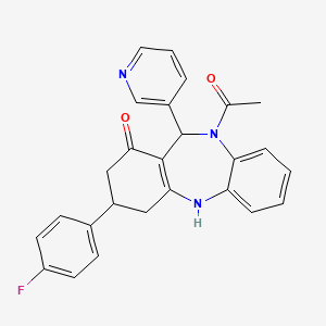 molecular formula C26H22FN3O2 B4297541 10-acetyl-3-(4-fluorophenyl)-11-pyridin-3-yl-2,3,4,5,10,11-hexahydro-1H-dibenzo[b,e][1,4]diazepin-1-one 