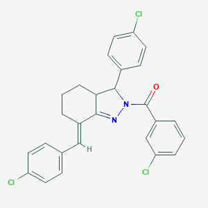 molecular formula C27H21Cl3N2O B429755 [(7E)-7-(4-chlorobenzylidene)-3-(4-chlorophenyl)-3,3a,4,5,6,7-hexahydro-2H-indazol-2-yl](3-chlorophenyl)methanone 