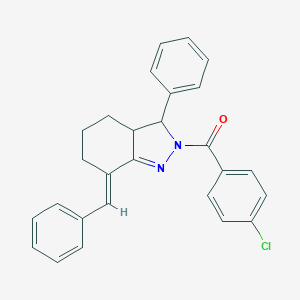 molecular formula C27H23ClN2O B429768 7-benzylidene-2-(4-chlorobenzoyl)-3-phenyl-3,3a,4,5,6,7-hexahydro-2H-indazole 