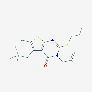 molecular formula C18H24N2O2S2 B429789 6,6-dimethyl-3-(2-methyl-2-propenyl)-2-(propylsulfanyl)-3,5,6,8-tetrahydro-4H-pyrano[4',3':4,5]thieno[2,3-d]pyrimidin-4-one CAS No. 351007-19-7