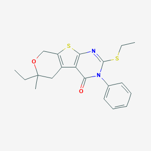 molecular formula C20H22N2O2S2 B429792 6-ethyl-2-(ethylsulfanyl)-6-methyl-3-phenyl-3,5,6,8-tetrahydro-4H-pyrano[4',3':4,5]thieno[2,3-d]pyrimidin-4-one CAS No. 316362-22-8
