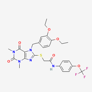 molecular formula C27H28F3N5O6S B4298379 2-{[7-(3,4-diethoxybenzyl)-1,3-dimethyl-2,6-dioxo-2,3,6,7-tetrahydro-1H-purin-8-yl]thio}-N-[4-(trifluoromethoxy)phenyl]acetamide 