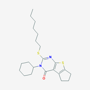 molecular formula C22H32N2OS2 B429860 3-cyclohexyl-2-(heptylsulfanyl)-3,5,6,7-tetrahydro-4H-cyclopenta[4,5]thieno[2,3-d]pyrimidin-4-one CAS No. 351008-00-9