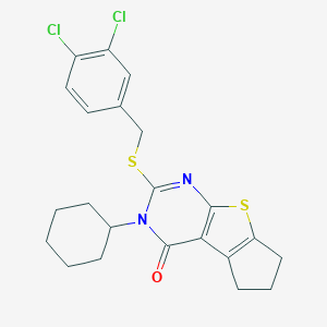 molecular formula C22H22Cl2N2OS2 B429865 3-cyclohexyl-2-[(3,4-dichlorobenzyl)sulfanyl]-3,5,6,7-tetrahydro-4H-cyclopenta[4,5]thieno[2,3-d]pyrimidin-4-one CAS No. 351007-99-3