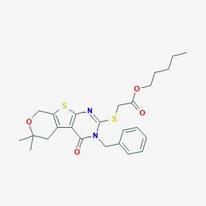 molecular formula C25H30N2O4S2 B429866 pentyl [(3-benzyl-6,6-dimethyl-4-oxo-3,5,6,8-tetrahydro-4H-pyrano[4',3':4,5]thieno[2,3-d]pyrimidin-2-yl)sulfanyl]acetate CAS No. 346727-51-3