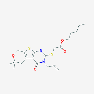 molecular formula C21H28N2O4S2 B429869 Pentyl 2-[(12,12-dimethyl-3-oxo-4-prop-2-enyl-11-oxa-8-thia-4,6-diazatricyclo[7.4.0.02,7]trideca-1(9),2(7),5-trien-5-yl)sulfanyl]acetate CAS No. 316359-23-6