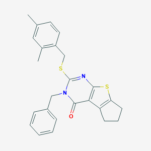 molecular formula C25H24N2OS2 B429870 3-benzyl-2-[(2,4-dimethylbenzyl)sulfanyl]-3,5,6,7-tetrahydro-4H-cyclopenta[4,5]thieno[2,3-d]pyrimidin-4-one CAS No. 351006-31-0