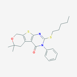 molecular formula C22H26N2O2S2 B429909 6,6-dimethyl-2-(pentylsulfanyl)-3-phenyl-3,5,6,8-tetrahydro-4H-pyrano[4',3':4,5]thieno[2,3-d]pyrimidin-4-one CAS No. 327171-01-7