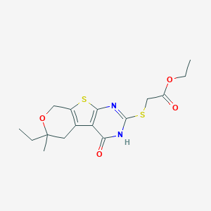 molecular formula C16H20N2O4S2 B429910 (6-Ethyl-6-methyl-4-oxo-3,5,6,8-tetrahydro-4H-7-oxa-9-thia-1,3-diaza-fluoren-2-ylsulfanyl)-acetic acid ethyl ester CAS No. 332145-41-2