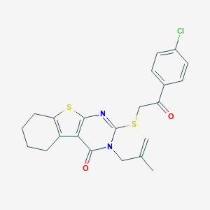 molecular formula C22H21ClN2O2S2 B429911 2-{[2-(4-chlorophenyl)-2-oxoethyl]sulfanyl}-3-(2-methyl-2-propenyl)-5,6,7,8-tetrahydro[1]benzothieno[2,3-d]pyrimidin-4(3H)-one 