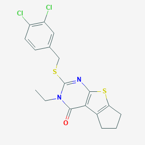 molecular formula C18H16Cl2N2OS2 B429918 2-[(3,4-dichlorobenzyl)sulfanyl]-3-ethyl-3,5,6,7-tetrahydro-4H-cyclopenta[4,5]thieno[2,3-d]pyrimidin-4-one CAS No. 332145-43-4