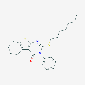 molecular formula C23H28N2OS2 B429925 2-(heptylsulfanyl)-3-phenyl-5,6,7,8-tetrahydro[1]benzothieno[2,3-d]pyrimidin-4(3H)-one CAS No. 351441-07-1
