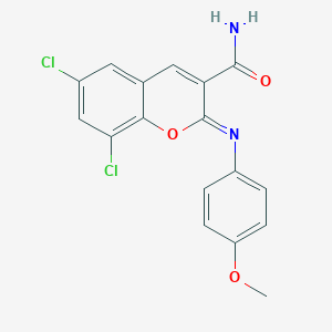 (2Z)-6,8-dichloro-2-[(4-methoxyphenyl)imino]-2H-chromene-3-carboxamide