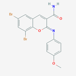 (2Z)-6,8-dibromo-2-[(4-methoxyphenyl)imino]-2H-chromene-3-carboxamide