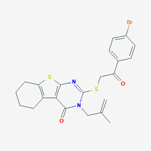 molecular formula C22H21BrN2O2S2 B429963 2-[2-(4-Bromophenyl)-2-oxoethyl]sulfanyl-3-(2-methylprop-2-enyl)-5,6,7,8-tetrahydro-[1]benzothiolo[2,3-d]pyrimidin-4-one CAS No. 351440-73-8