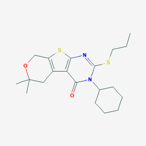 molecular formula C20H28N2O2S2 B429967 3-cyclohexyl-6,6-dimethyl-2-(propylsulfanyl)-3,5,6,8-tetrahydro-4H-pyrano[4',3':4,5]thieno[2,3-d]pyrimidin-4-one CAS No. 351006-92-3