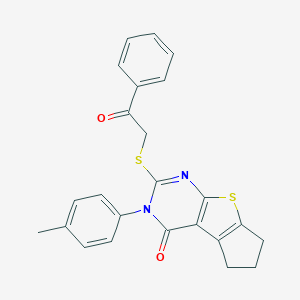 molecular formula C24H20N2O2S2 B429973 3-(4-methylphenyl)-2-[(2-oxo-2-phenylethyl)sulfanyl]-3,5,6,7-tetrahydro-4H-cyclopenta[4,5]thieno[2,3-d]pyrimidin-4-one CAS No. 330946-13-9