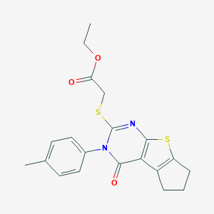 molecular formula C20H20N2O3S2 B429977 ethyl {[3-(4-methylphenyl)-4-oxo-3,5,6,7-tetrahydro-4H-cyclopenta[4,5]thieno[2,3-d]pyrimidin-2-yl]sulfanyl}acetate CAS No. 330946-12-8