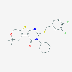 molecular formula C24H26Cl2N2O2S2 B429980 3-cyclohexyl-2-[(3,4-dichlorobenzyl)sulfanyl]-6,6-dimethyl-3,5,6,8-tetrahydro-4H-pyrano[4',3':4,5]thieno[2,3-d]pyrimidin-4-one CAS No. 352657-82-0