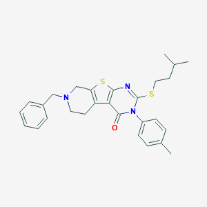 molecular formula C28H31N3OS2 B429981 7-benzyl-2-(isopentylsulfanyl)-3-(4-methylphenyl)-5,6,7,8-tetrahydropyrido[4',3':4,5]thieno[2,3-d]pyrimidin-4(3H)-one CAS No. 351008-54-3