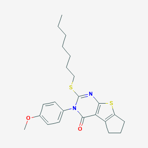 molecular formula C23H28N2O2S2 B429983 2-(heptylsulfanyl)-3-(4-methoxyphenyl)-3,5,6,7-tetrahydro-4H-cyclopenta[4,5]thieno[2,3-d]pyrimidin-4-one CAS No. 351007-71-1