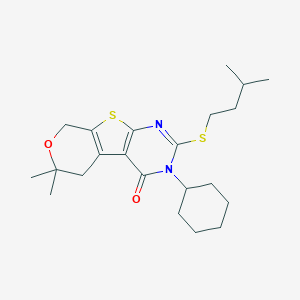 molecular formula C22H32N2O2S2 B429990 3-cyclohexyl-2-(isopentylsulfanyl)-6,6-dimethyl-3,5,6,8-tetrahydro-4H-pyrano[4',3':4,5]thieno[2,3-d]pyrimidin-4-one CAS No. 351006-86-5