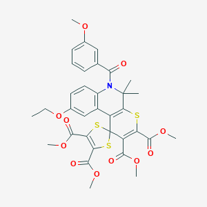 molecular formula C34H33NO11S3 B429998 Tetramethyl 9'-ethoxy-6'-(3-methoxybenzoyl)-5',5'-dimethyl-5',6'-dihydrospiro[1,3-dithiole-2,1'-thiopyrano[2,3-c]quinoline]-2',3',4,5-tetracarboxylate 