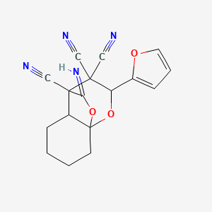 molecular formula C17H14N4O3 B4300038 9-(2-furyl)-12-imino-10,11-dioxatricyclo[5.3.2.0~1,6~]dodecane-7,8,8-tricarbonitrile 