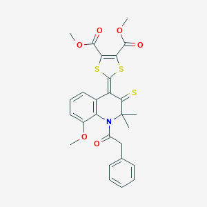 molecular formula C27H25NO6S3 B430006 Dimethyl 2-[8-methoxy-2,2-dimethyl-1-(2-phenylacetyl)-3-sulfanylidenequinolin-4-ylidene]-1,3-dithiole-4,5-dicarboxylate CAS No. 314039-79-7