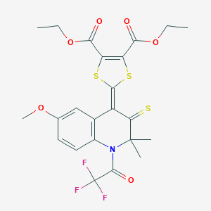 molecular formula C23H22F3NO6S3 B430009 diethyl 2-(6-methoxy-2,2-dimethyl-3-thioxo-1-(trifluoroacetyl)-2,3-dihydro-4(1H)-quinolinylidene)-1,3-dithiole-4,5-dicarboxylate 