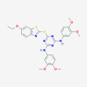 molecular formula C28H28N6O5S2 B430010 N,N'-bis(3,4-dimethoxyphenyl)-6-[(6-ethoxy-1,3-benzothiazol-2-yl)sulfanyl]-1,3,5-triazine-2,4-diamine 